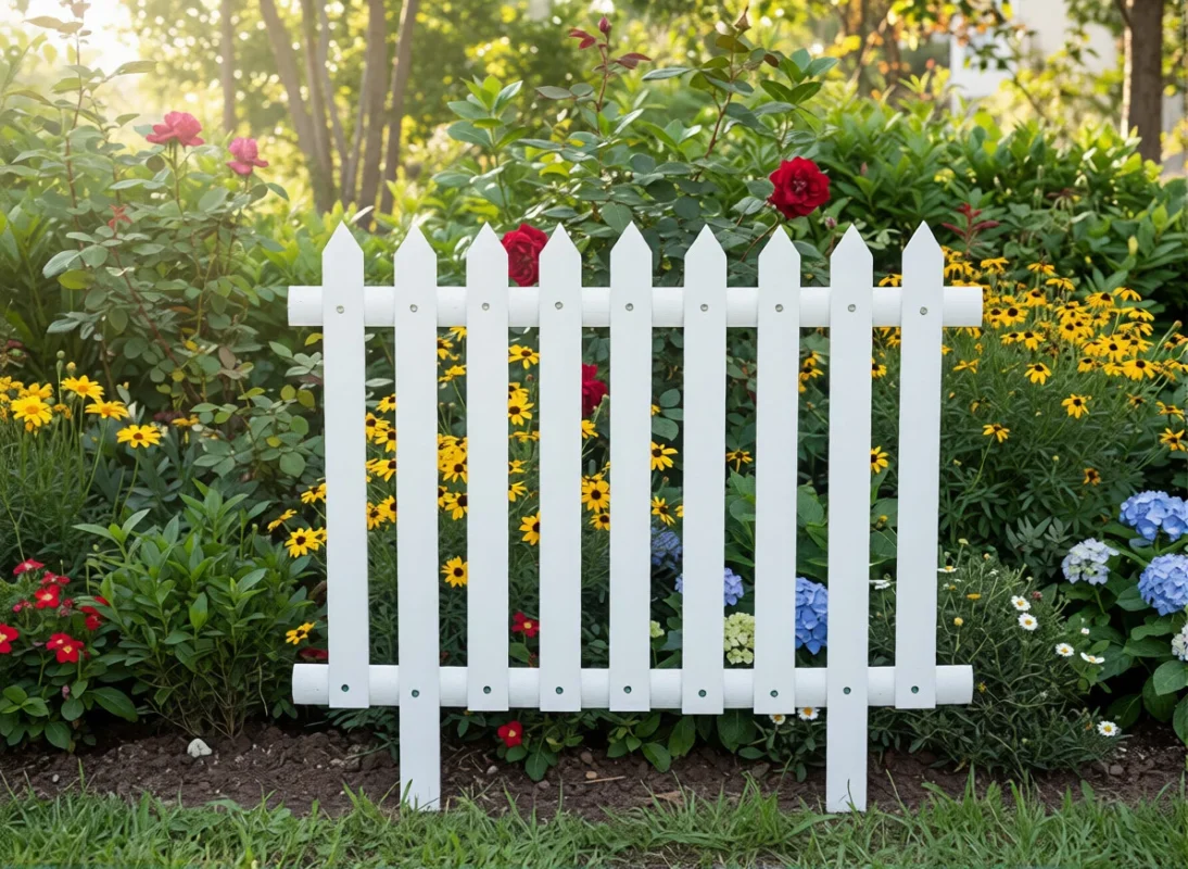 Small backyard with modern garden fence, vertical gardens, planter boxes, and cozy seating area, showcasing privacy and space-saving design
