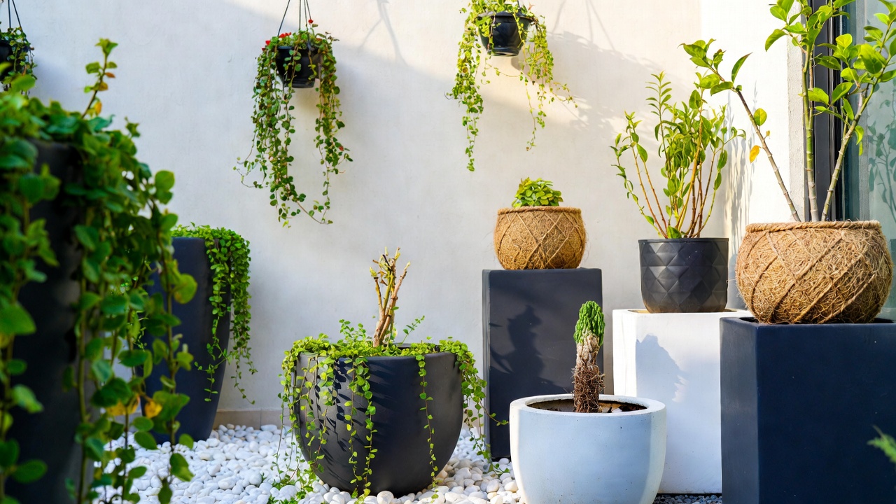 Budget-friendly flower pots styled to create a luxury garden look