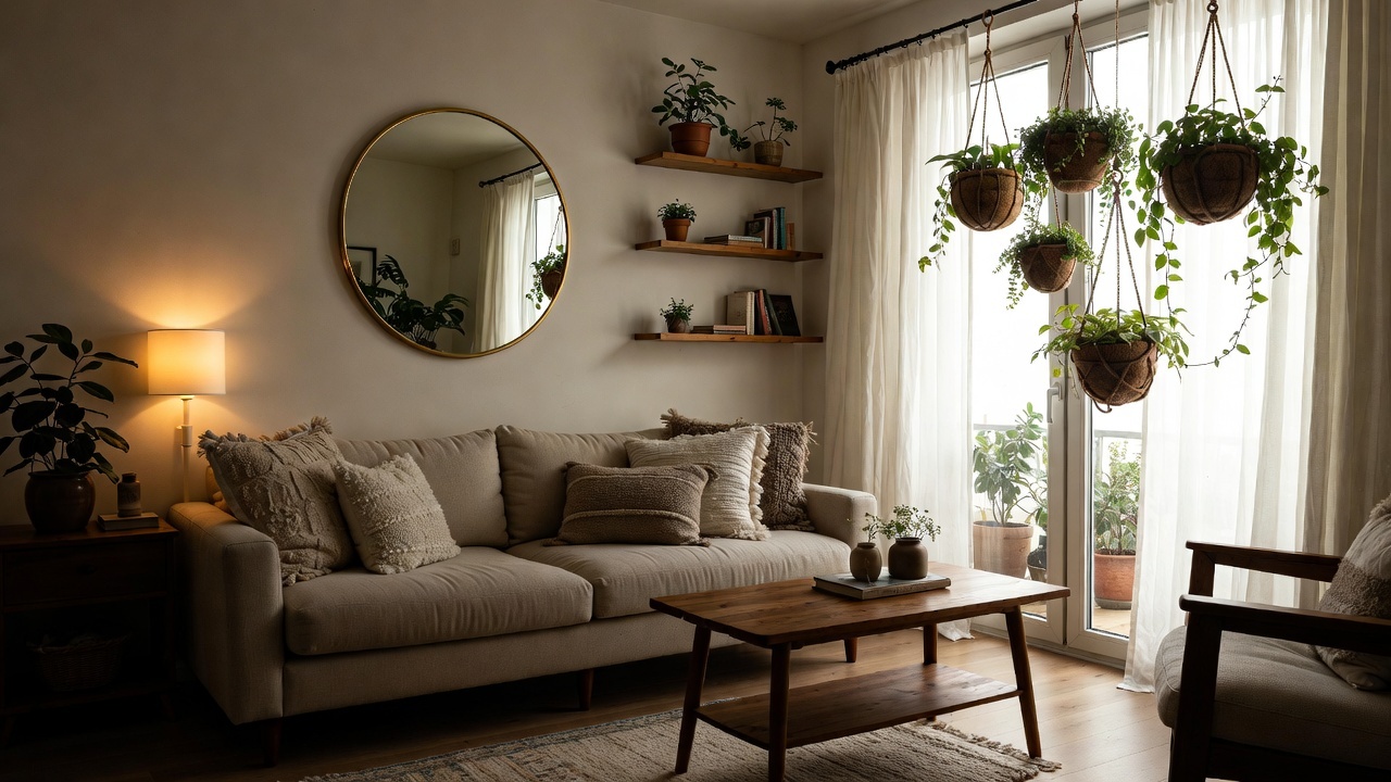 Modern living room with trending home decor items and hanging flower pots
